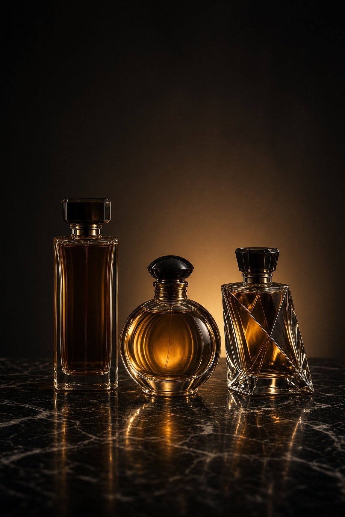 Three designer fragrance bottles on dark marble, backlit with warm golden light